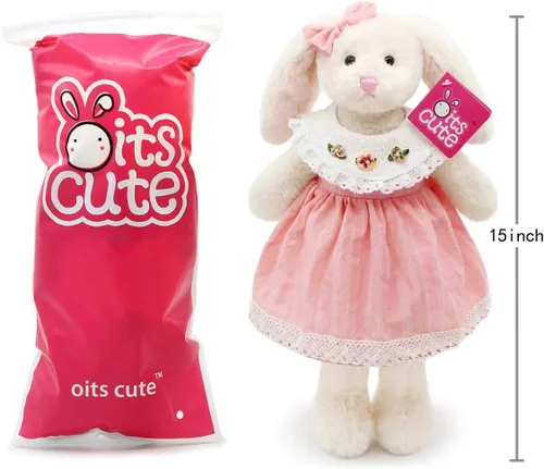 Miniatura 6 de Oitscute Pequeño y suave conejo de peluche de 15 pulgadas, juguete para bebés y niñas (conejo blanco con vestido de encaje rosa)