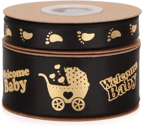 Miniatura 3 de Meseey 2 rollos en total de 20 yardas de cinta de bienvenida para bebé, cintas negras y doradas con estampado de pies para manualidades, pasteles