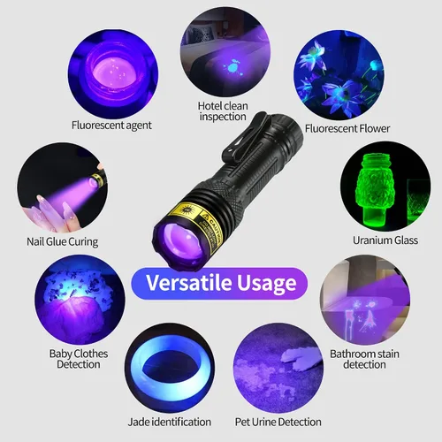 Miniatura 6 de DARKDAWN Linterna UV de 395 nm, luz negra, mini USB, recargable, luz ultravioleta, LED, lámpara de madera, potente detector portátil para manchas