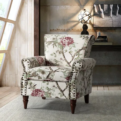 Miniatura 20 de HULALA HOME Silla moderna con respaldo de alas con patas de madera y cojín extraíble, cómodo sillón tapizado con ribete de cabeza de clavo, sofá