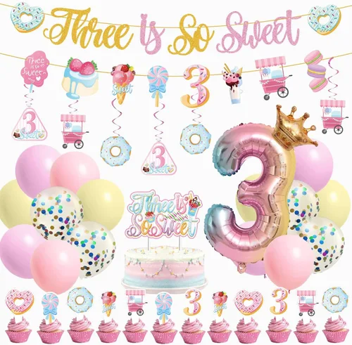 JUYRLE Decoraciones de 3er Cumpleaños Feliz para Niñas - decoraciones de tercer cumpleaños rosa, decoración de fiesta de cumpleaños de helado con