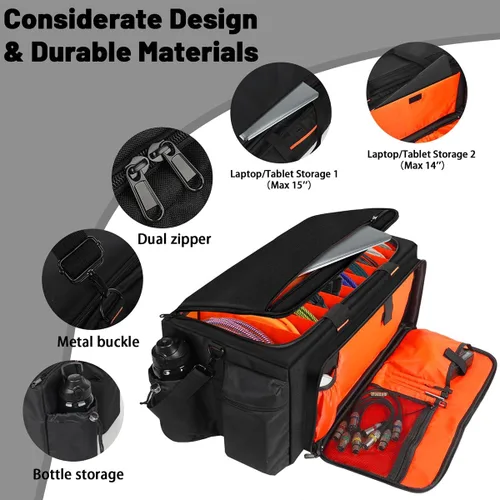 Miniatura 4 de Bolsa de DJ grande incorporada resistente tablero de soporte, bolsa de cable de DJ con 9 divisores desmontables y correa acolchada para el hombro