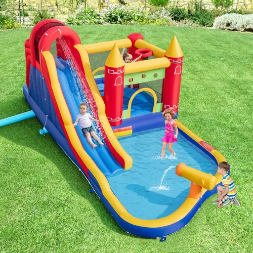 Miniatura 9 de HONEY JOY Tobogán acuático inflable, casa de rebote de tobogán acuático 9 en 1 con piscina de salpicaduras, tobogán largo, pozo de bolas con 50