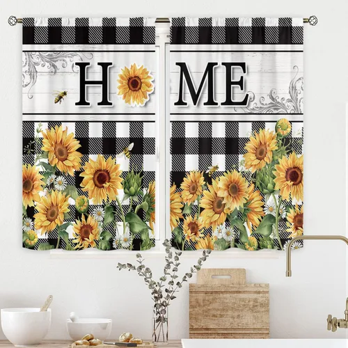 Cortinas rústicas de cocina con girasoles de 27.5 pulgadas de ancho x 39 pulgadas de alto, bolsillo para cortinero, diseño de flores de búfalo,