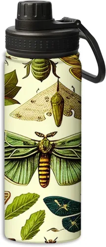 Botella de agua deportiva a prueba de fugas con patrón de insectos y polillas, 18 onzas, de acero inoxidable duradero de doble pared, botellas de