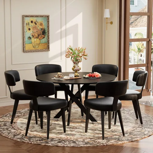 Miniatura 27 de Juego de mesa de comedor de madera para 2, mesa de cocina redonda de 36 pulgadas con 2 sillas de comedor Boucle, mesa de MDF con patas de metal