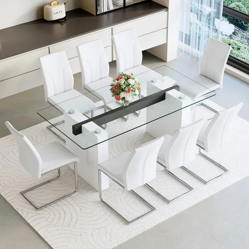 Miniatura 16 de FURNITO Mesa de comedor de vidrio de 71 pulgadas para 6 a 8,0,39 pulgadas de superficie de vidrio grueso con mesa de comedor de pedestal de MDF Mesa