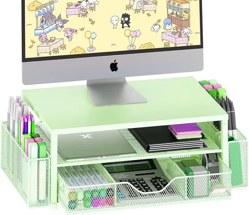 Miniatura 23 de OPNICE - Organizadores y accesorios de escritorio, con soporte de monitor de computadora de 2 niveles, cajón y 2 soportes para bolígrafos, Roble