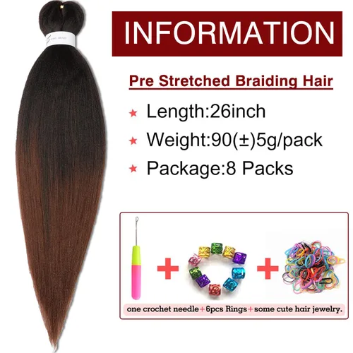 Miniatura 2 de Extensiones de cabello trenzado preestirado, color negro natural a marrón, cabello trenzado profesional de 26 pulgadas, 8 paquetes de ajuste de agua