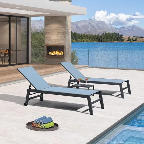 Miniatura 23 de PURPLE LEAF Juego de tumbonas para exteriores para 2 sillas de piscina de gran tamaño con ruedas fáciles de mover y respaldo ajustable, tumbonas