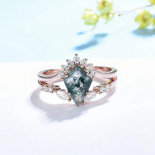 Miniatura 2 de Anillo de plata de ley 925 con piedra preciosa de musgo natural para mujer, corte de cometa, juego de anillos de compromiso de plata 925, Plata