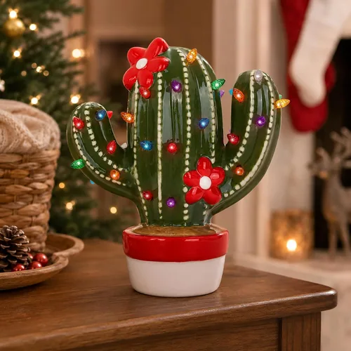 Cactus de Navidad de cerámica – Cactus de árbol de Navidad de cerámica vintage – Cactus de árbol de Navidad iluminado – Cactus nostálgico árbol de