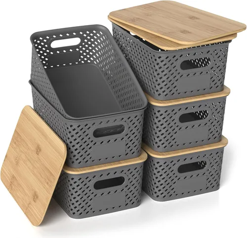 Miniatura 8 de Contenedores de almacenamiento de plástico con tapas de bambú, canastas pequeñas apilables para organización y contenedores para estantes, cajones