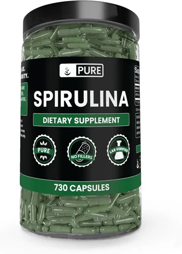 PURE ORIGINAL INGREDIENTS Espirulina (730 cápsulas) sin magnesio o rellenos de arroz, siempre pura, verificada por laboratorio