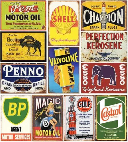 12 piezas de letreros de lata de aceite de gas vintage reproducidos para automóvil, decoración de garaje para el hogar bar hombre cueva (búfalo)