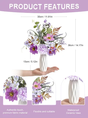 Miniatura 2 de Flores artificiales pequeñas de 11.8 pulgadas en jarrón de cerámica, centro de mesa de flores de seda púrpura para mesa de comedor, oficina, boda