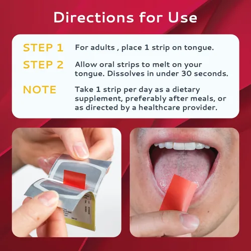 Miniatura 3 de Paquete de 100 tiras de vitamina B12 Tiras con sabor a menta fáciles de disolver por vía oral Tiras de 1500 mcg Vit B12 se disuelve debajo