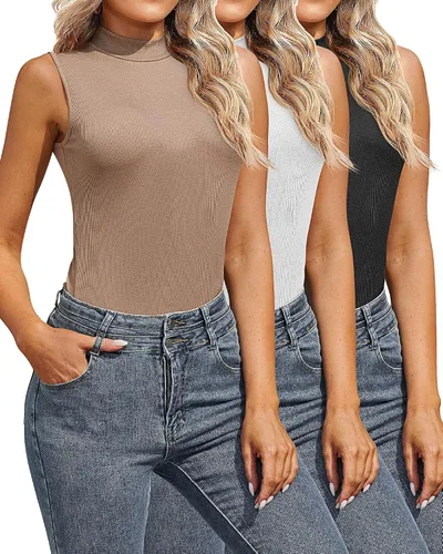 Miniatura 2 de 3 piezas de camisas sin mangas de cuello alto falso para mujer, camisetas elásticas ajustadas, básicas, ligeras, para capas