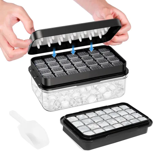 Miniatura 9 de Bandeja para cubitos de hielo con tapa y contenedor, 28 moldes para cubitos de hielo, bandejas de hielo para congelador, molde de bandeja