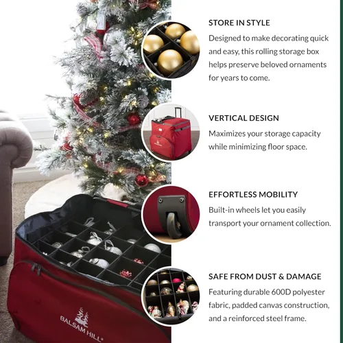 Miniatura 2 de Caja Deluxe para guardar ornamentos con ruedas de Balsam Hill - Caja de almacenamiento para 100 decoraciones navideñas con divisores y bandejas