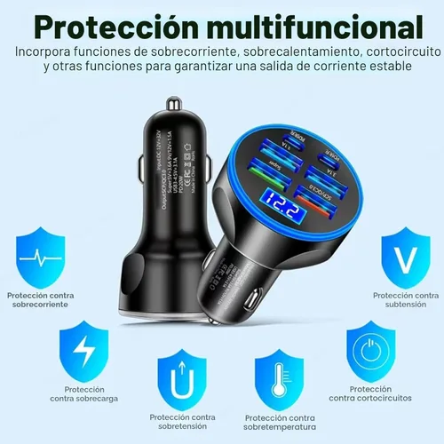 Miniatura 8 de Adaptador De Carga Súper Rápida USB C Para Coche Y Teléfono 6 En 1 Con Pantalla De Voltaje 250W Carga USB De Encendedor De Cigarrillos De Múltiples