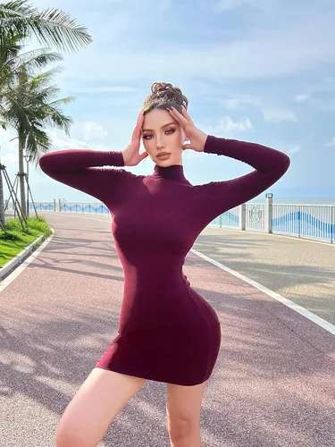 Miniatura 6 de ChongBaiJia - Vestido de manga larga de 3 piezas para mujer, cuello alto, básico, acanalado, ajustado, ajustado, mini vestidos de club