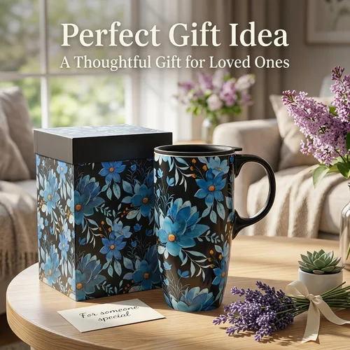 Miniatura 8 de Topadorn Taza de viaje de cerámica de 17 onzas con tapa y asa, taza de café de porcelana con caja de regalo, apta para microondas y lavavajillas, a
