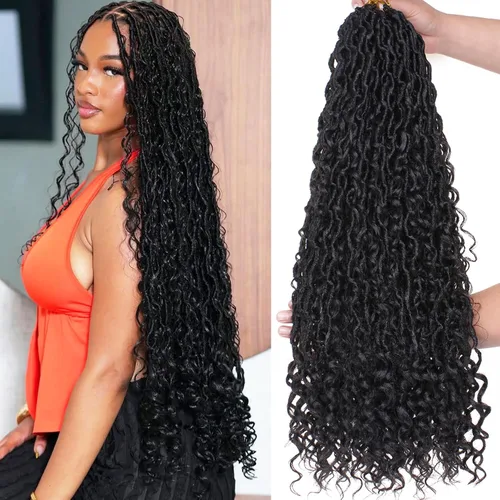 Miniatura 33 de COOKOO 14 pulgadas, 8 piezas de cabello de ganchillo Goddess Locs en total 112 hebras de pelo sintético negro natural de ganchillo de río hippie