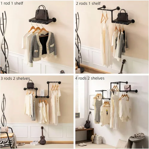 Miniatura 7 de Perchero de tubería industrial con 2 estantes flotantes, perchero de pared con 3 barras colgantes, barra de ropa de hierro resistente, rieles