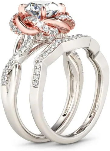 Miniatura 2 de Jeulia Anillos de compromiso con halo solitario para mujer, plata de ley, anillos de flores florales, chapados en oro rosa, anillo de diamante
