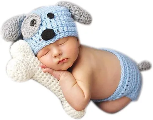 Miniatura 4 de Traje de bebé recién nacido, accesorios para fotos, trajes de ganchillo de punto azul con gorro de perro, pantalones cortos con hueso para niños