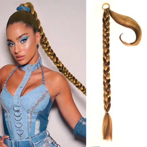 Miniatura 20 de Extensiones de cola de caballo trenzada de 20 pulgadas de largo para mujer, extensiones de cabello lacio envolvente con banda para el cabello, cola