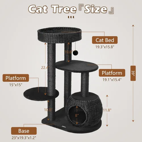 Miniatura 7 de KAMABOKO Árbol moderno para gatos, 39 pulgadas de alto para gatos de interior, condominio natural con postes rascadores, torre tejida a mano