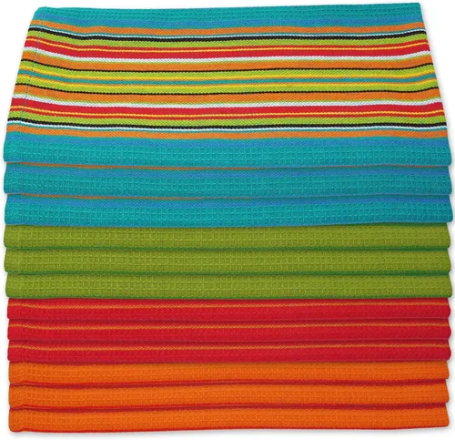 Salsa Stripe - Toallas de cocina de 100 % algodón absorbente natural, gofres, multiusos, color rojo, naranja, verde, azul (28 x 16 pulgadas),