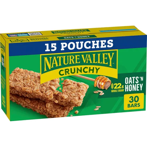 Nature Valley Barras de granola crujientes, avena y miel, 30 unidades, 22.35 oz (15 bolsas)