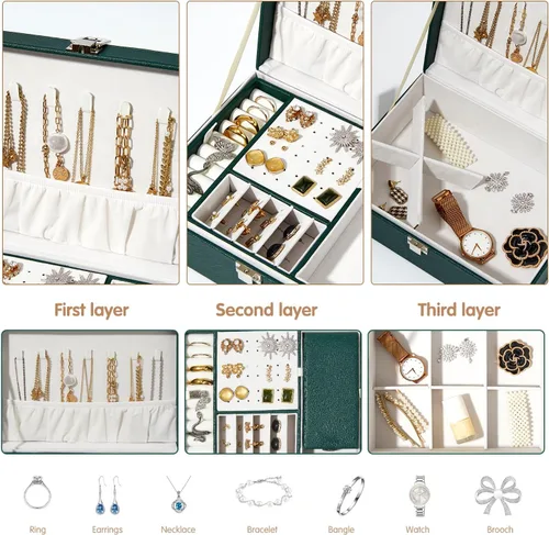 Miniatura 3 de BUTI4WLD Joyero, organizador de joyería de 2 capas con estuche de joyería de viaje, organizador de cuero sintético para aretes, anillos, collares