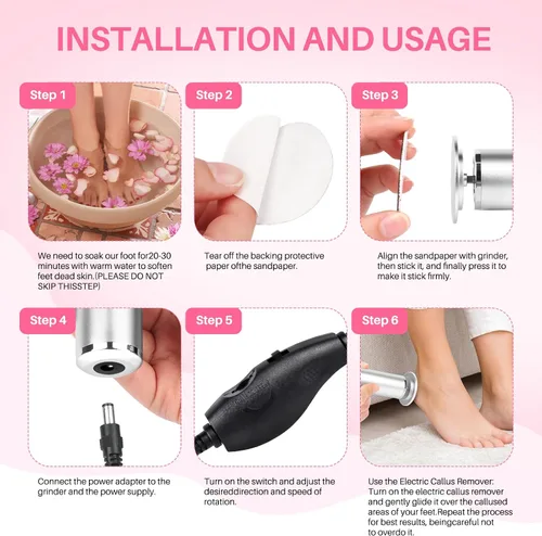 Miniatura 8 de Lima removedora de callos para pies: herramienta profesional de pedicura para verano - Lima eléctrica para pies de velocidad ajustable para piel