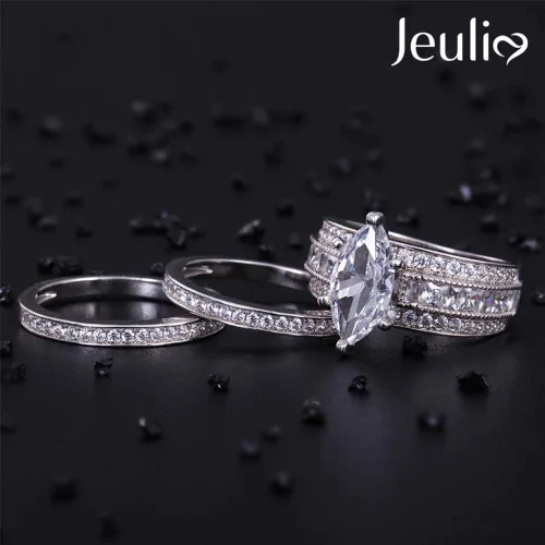 Miniatura 3 de Jeulia Juego de anillos de boda de 2 quilates de 3 piezas para mujer, anillos de compromiso de circonita cúbica de corte marquesa de plata de ley