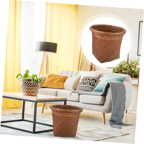 Miniatura 6 de Papelera tejida con paja para baño, bordes lisos, diseño de paja natural, fácil de limpiar