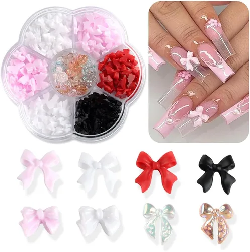 Miniatura 9 de Dijes de Uñas 3D Multiformas, Aurora Rosa Camelia Mariposa Flor Acrílica Lazo Transparente Corazón Blanco Perlas de Respaldo Plano Decoración