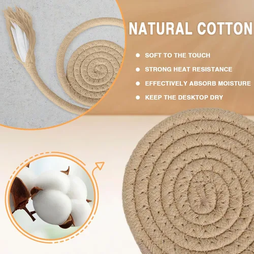Miniatura 3 de 12 piezas de posavasos tejidos a mano para bebidas, juego de posavasos absorbentes y aislantes de algodón con soporte de cesta de esparto, boho