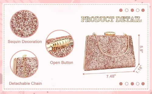 Miniatura 4 de YYW Bolso de noche brillante con purpurina para fiesta, bolso de hombro con cadena extraíble