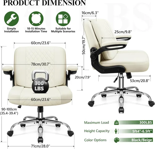 Miniatura 2 de Silla de oficina Criss Cross con respaldo abatible 2 en 1 – Silla ergonómica de cuero PU para sentarse en el suelo, altura ajustable, giro de 360°