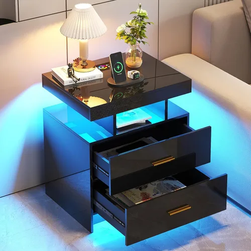 Miniatura 10 de HNEBC Mesita de noche LED, mesita de noche negra con estación de carga, USB + tipo C + carga inalámbrica, mesita de noche inteligente con sensor