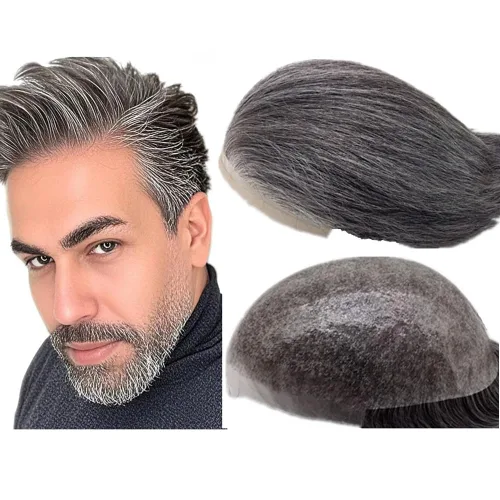 Miniatura 23 de 1B20 unidades de cabello gris Toupee para hombres piezas para hombre NLW sistema de reemplazo de heredero humano europeo para hombres 10x8 "toupee