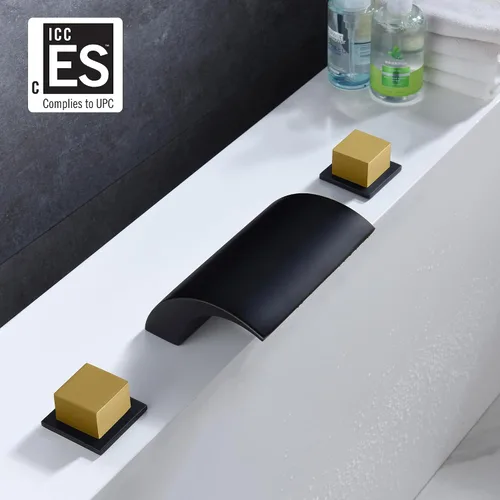 Miniatura 2 de SUMERAIN Grifo de bañera romano de 3 agujeros, montaje en cubierta de alto flujo, relleno de bañera en cascada con acabado negro y dorado