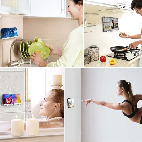 Miniatura 9 de Soporte de pared para teléfono, soporte adhesivo manos libres D2 con agujero para cable y ganchos, soporte de teléfono celular montado en la pared