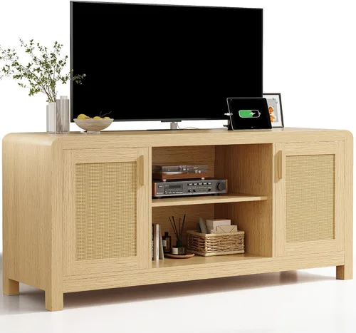 LIKIMIO Soporte de TV con toma de corriente para televisores de hasta 65 pulgadas, centro de entretenimiento con puertas de ratán de almacenamiento