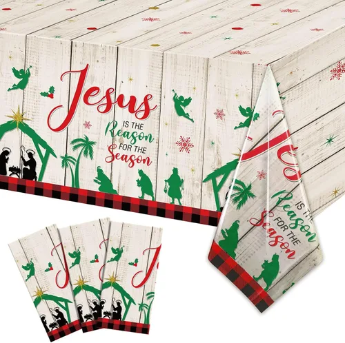 Miniatura 8 de WovWeave Mantel de Navidad de 3 piezas, mantel de Navidad con texto en inglés "Merry Christmas", mantel rectangular de plástico con diseño de Jesús