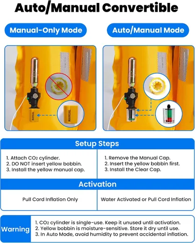 Miniatura 4 de Owntop Chaqueta de natación inflable para adultos, convertible automática/manual, cuello de neopreno, bolsillos grandes con solapa y trabillas